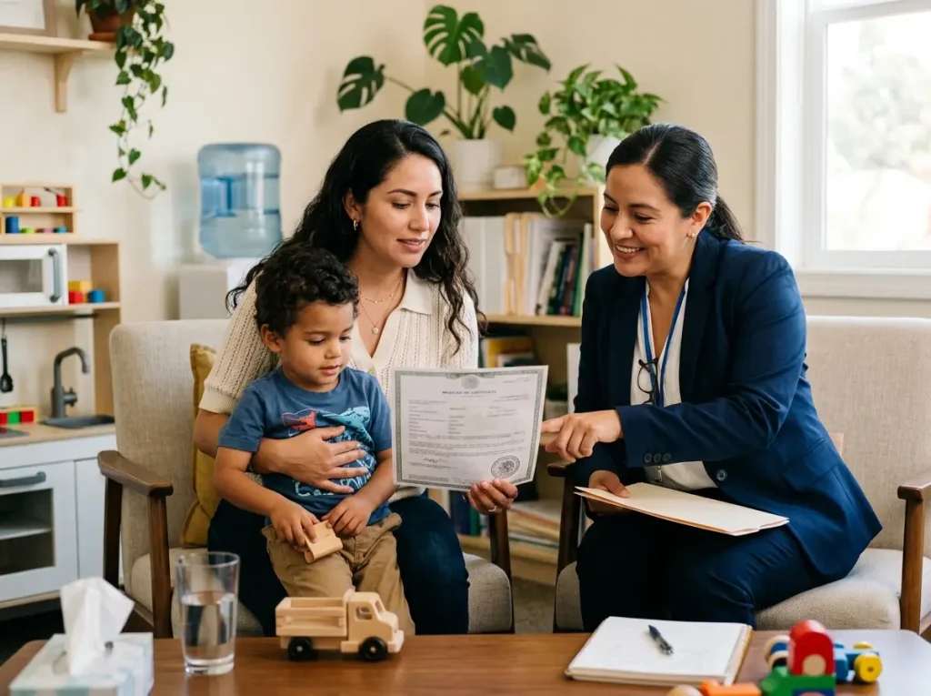 Regularización Familiar ¿Cuánta Multa Pagas en 2026? 6 Madre extranjera con su hijo mexicano y el acta de nacimiento en consulta sobre la exención de multa migratoria