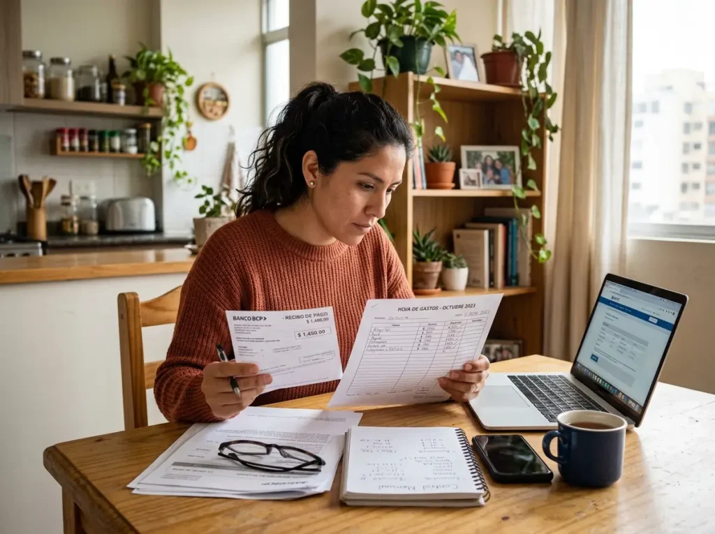 Regularización Familiar ¿Cuánta Multa Pagas en 2026? 3 Extranjera revisa en casa los comprobantes de la multa y los derechos del trámite de regularización familiar