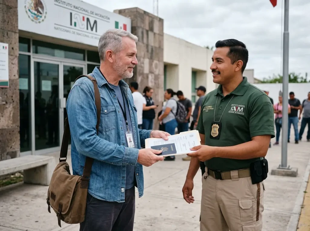 Regularización Familiar ¿Cuánta Multa Pagas en 2026? 4 Solicitante extranjero entrega documentos a un agente del INM en la entrada de la delegación para su trámite