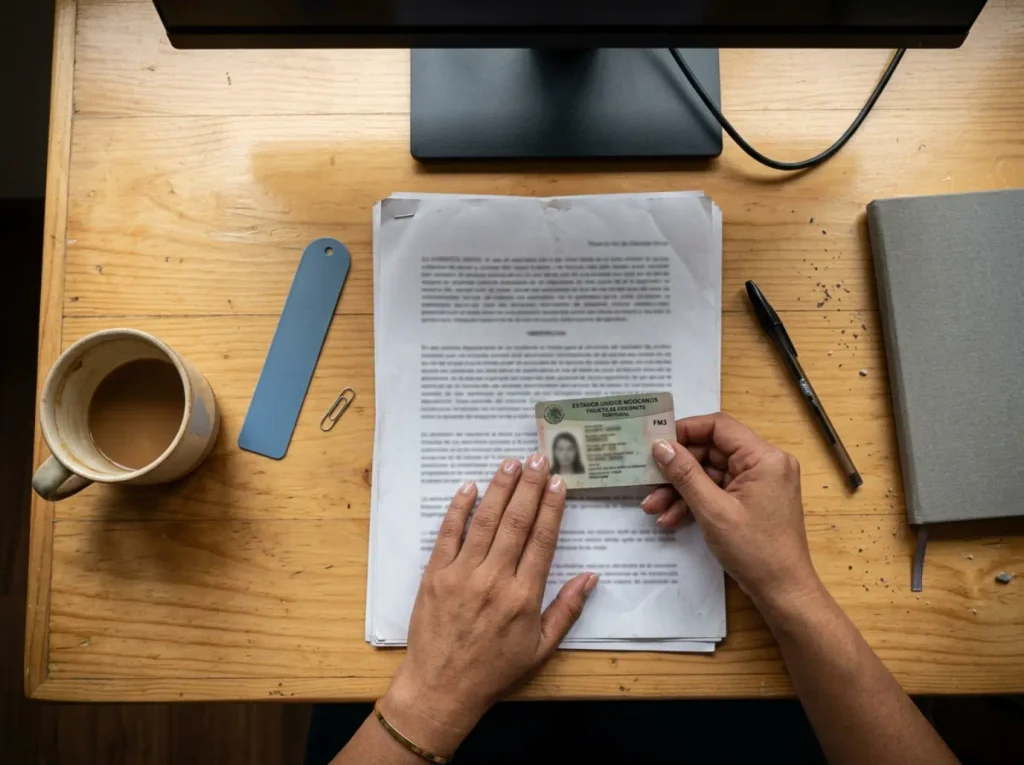 Estatus Migratorio y Divorcio Mexicano en 90 Días 1 Tarjeta de residente y sentencia de divorcio sobre mesa de trabajo con datos difuminados