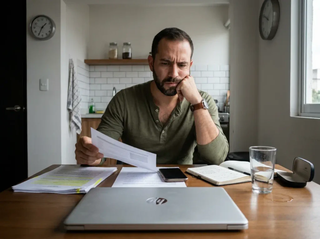 Hombre comparando información sobre visa humanitaria en México frente a trámites de otro país