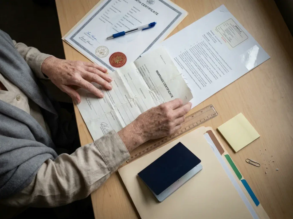 Manos revisando actas de nacimiento y matrimonio para acreditar familiar directo ante el INM