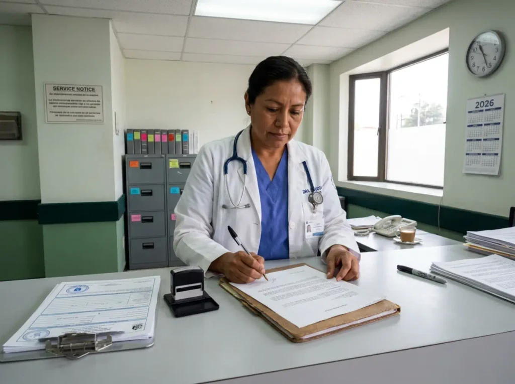 Médica de institución pública firmando el certificado médico requerido para la visa humanitaria