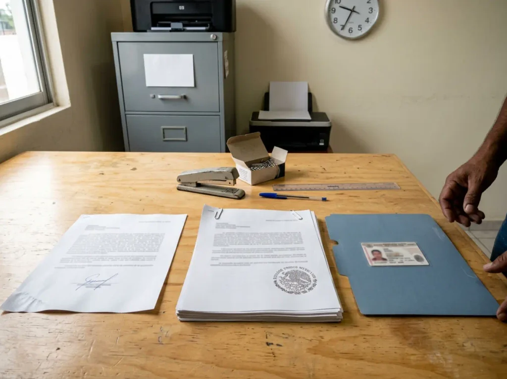 Estatus Migratorio y Divorcio Mexicano en 90 Días 3 Mesa con carta bajo protesta, sentencia apostillada y tarjeta para notificar el divorcio al INM