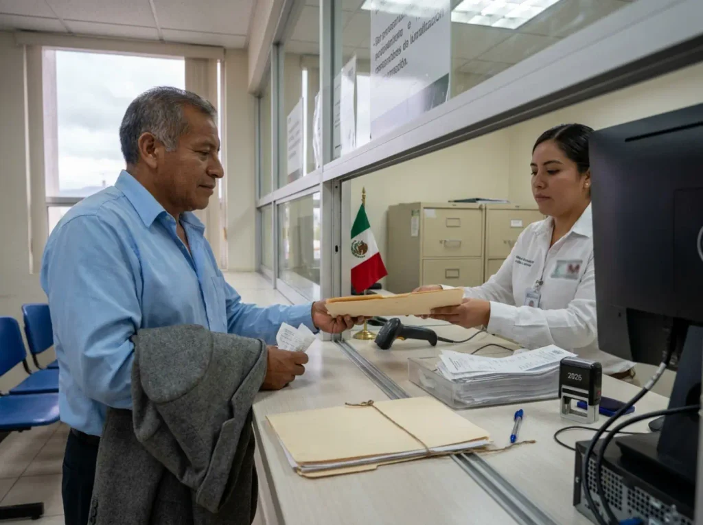 Promovente entregando el expediente de visa humanitaria en ventanilla del INM en Querétaro