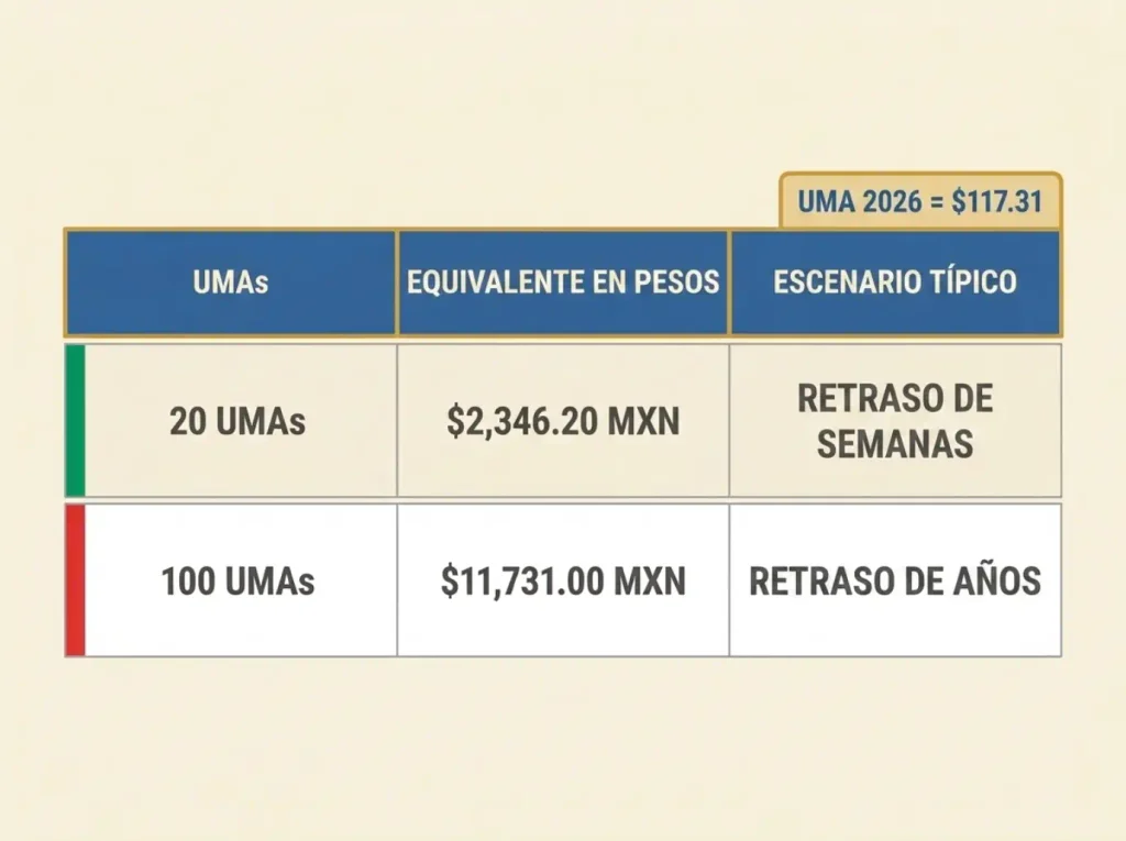 Estatus Migratorio y Divorcio Mexicano en 90 Días 5 Tabla que muestra la conversión de la multa migratoria de UMAs a pesos mexicanos, con el escenario típico de cada monto