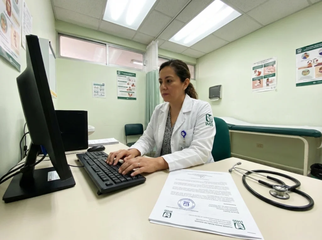 Médica de institución pública emitiendo certificado para visa humanitaria INM