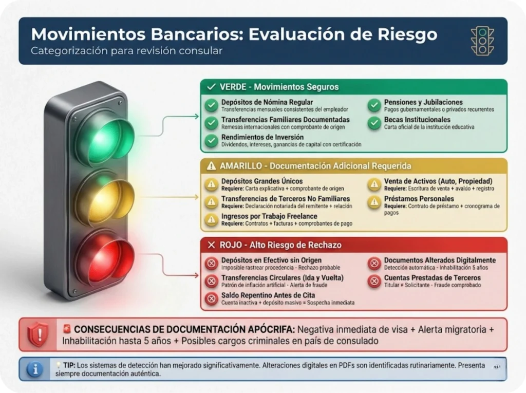 Checklist estilo semáforo categorizando movimientos bancarios para visa de estudiante: verde (seguros), amarillo (requieren documentación extra), rojo (alto riesgo de rechazo).
