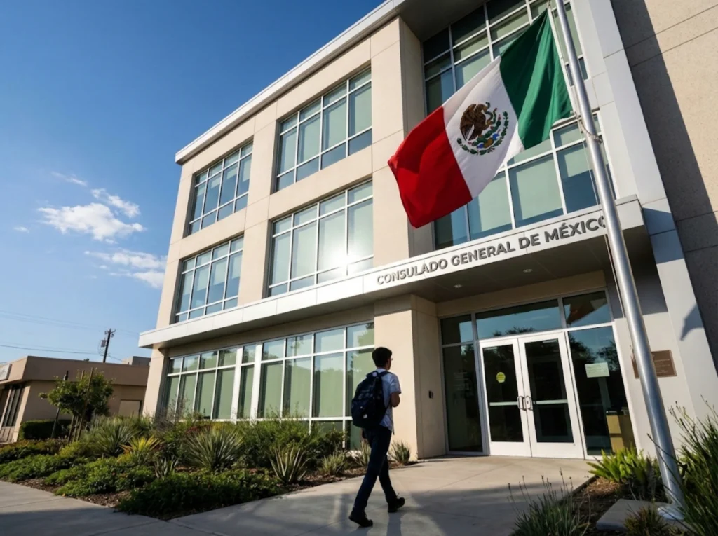 Exterior de consulado mexicano con bandera, destino para solicitar visa de estudiante
