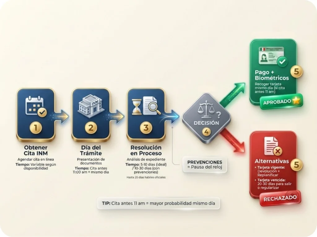 Diagrama de flujo del proceso de cambio de condición migratoria en el INM, mostrando 5 etapas desde la cita inicial hasta la resolución positiva o negativa con tiempos específicos.