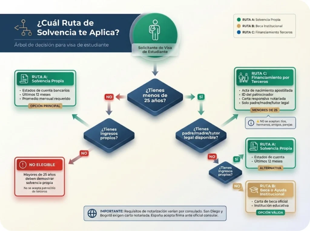 Árbol de decisión para determinar la ruta de solvencia económica aplicable según edad, tipo de ingresos y disponibilidad de patrocinador para visa de estudiante.