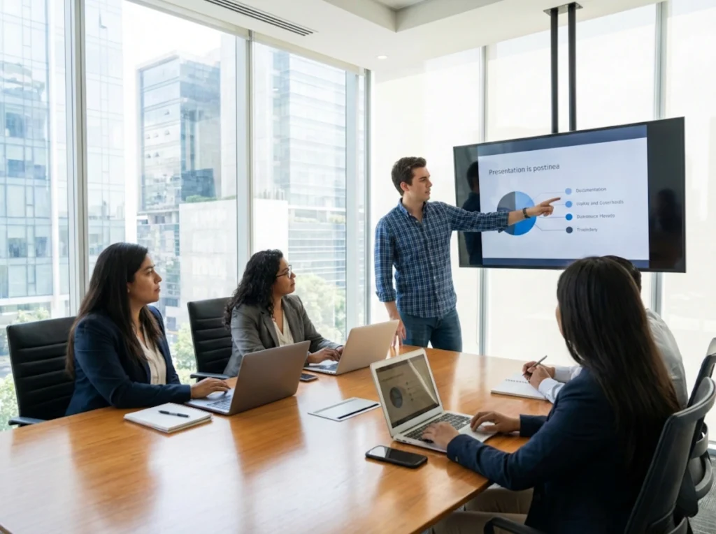 Extranjero regularizado trabajando exitosamente en oficina corporativa mexicana