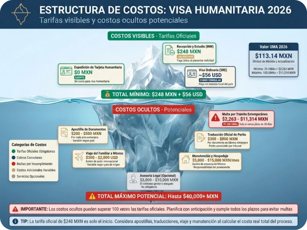 Infografía tipo iceberg mostrando costos de visa humanitaria 2026: tarifas oficiales visibles arriba del agua y costos ocultos potenciales sumergidos debajo.