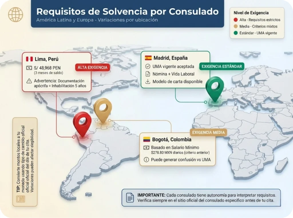Mapa de América Latina y Europa mostrando requisitos de solvencia económica por consulado mexicano: Lima, Bogotá y Madrid con montos y niveles de exigencia.