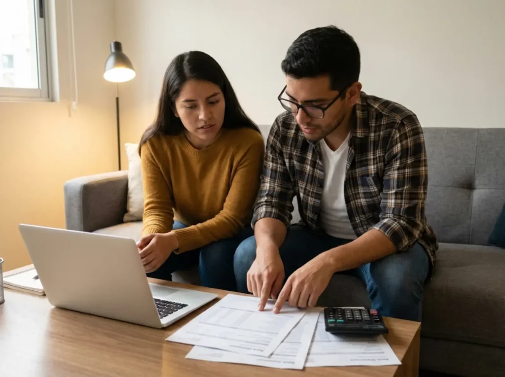 Pareja joven revisando estados de cuenta para verificar origen de fondos antes de visa