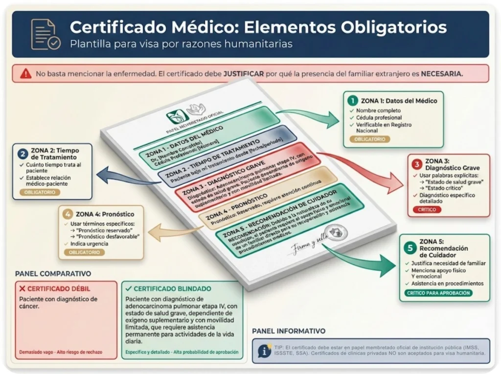 Plantilla visual de certificado médico para visa humanitaria mostrando las 5 zonas obligatorias: datos del médico, tiempo de tratamiento, diagnóstico grave, pronóstico y recomendación de cuidador.