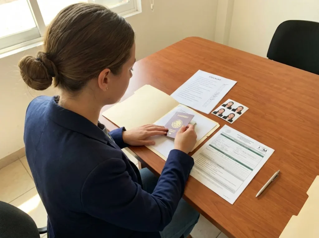Extranjera organizando documentos para trámite de cambio de condición migratoria