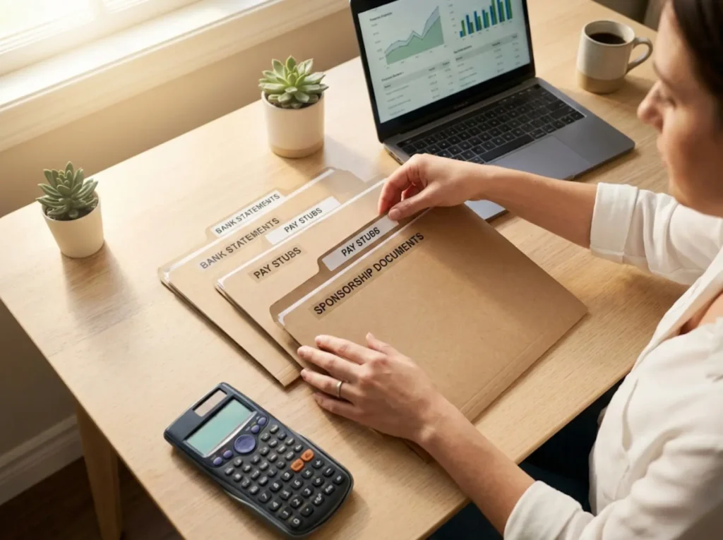 Preparación de documentos financieros mostrando tres rutas de solvencia para visa México