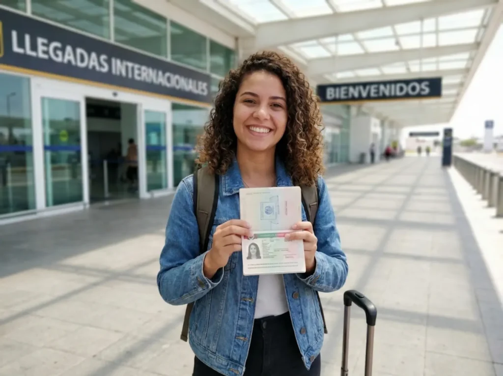 Estudiante extranjera feliz mostrando visa de estudiante aprobada en pasaporte