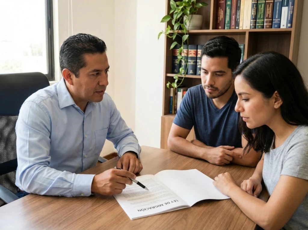 Abogado migratorio explicando requisitos de visa humanitaria a clientes en consultoría