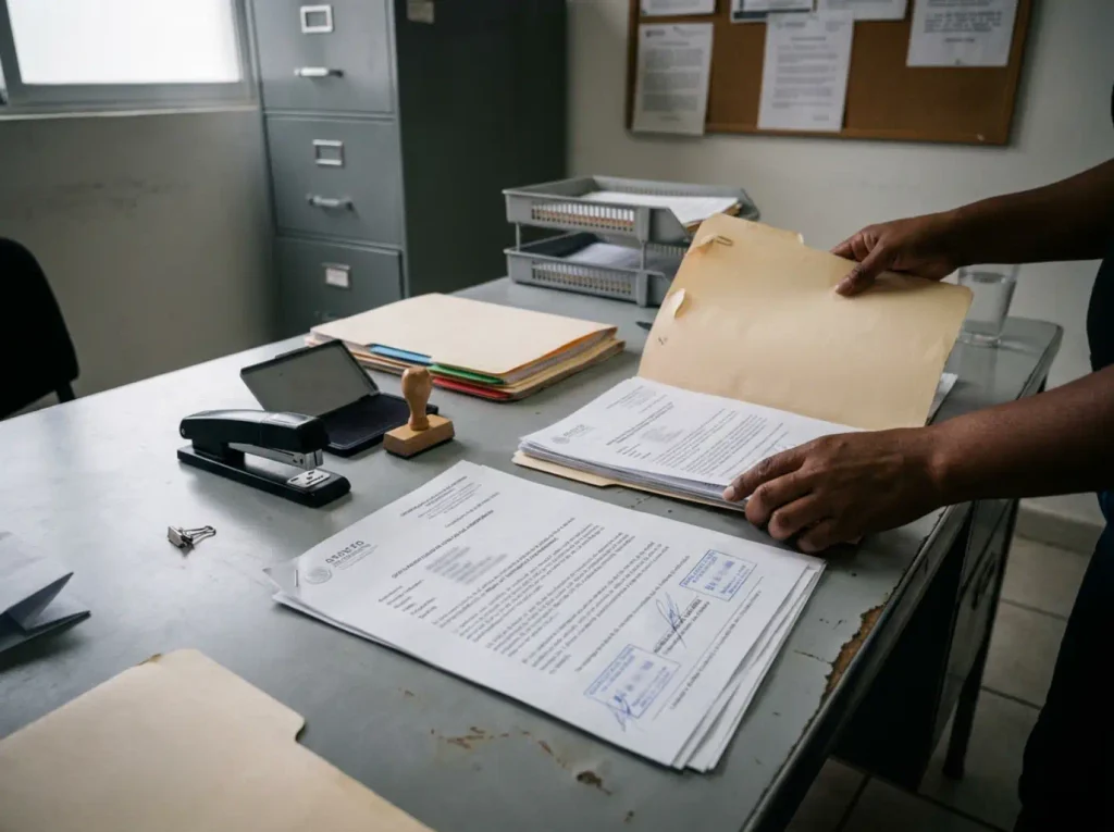 Expediente de naturalización sobre escritorio de oficina gubernamental mexicana en revisión