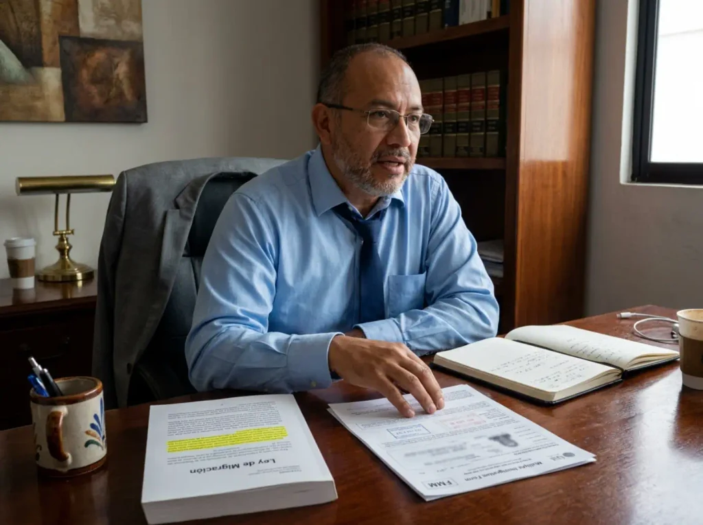 Abogado migratorio explicando el Artículo 52 de la Ley de Migración junto a una FMM sobre el escritorio