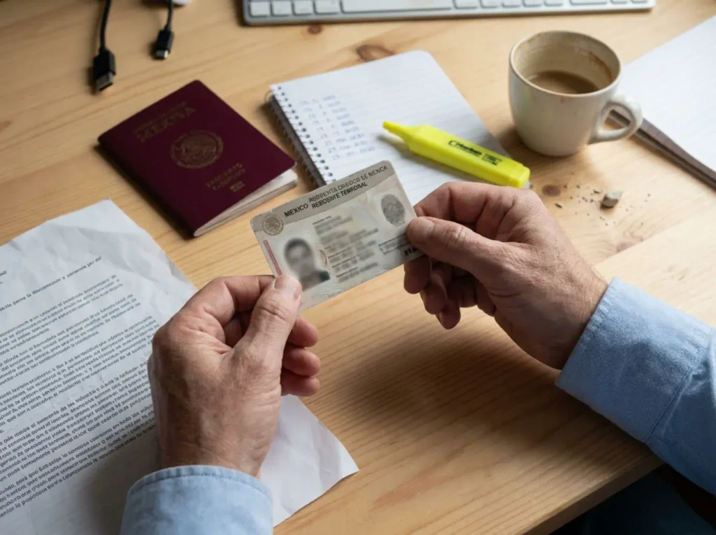Naturalización para Latinoamericanos y Españoles 2026 1 Manos revisando una tarjeta de residente temporal para confirmar elegibilidad de naturalización