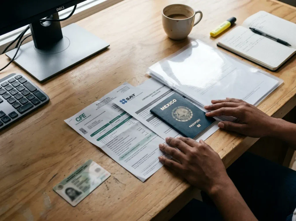 Documentos para comprar coche en México como residente sobre mesa de trabajo en Querétaro