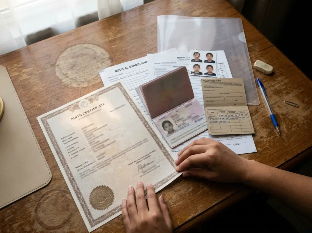 Documentos para inscribir hijos extranjeros en escuela pública en México sobre la mesa