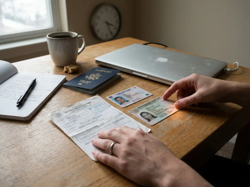 Manos comparando una FMM y una tarjeta de residente sobre una mesa de trabajo con licencia extranjera