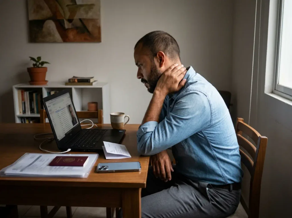 Hombre extranjero revisando en casa el correo donde llegó el requerimiento del INM