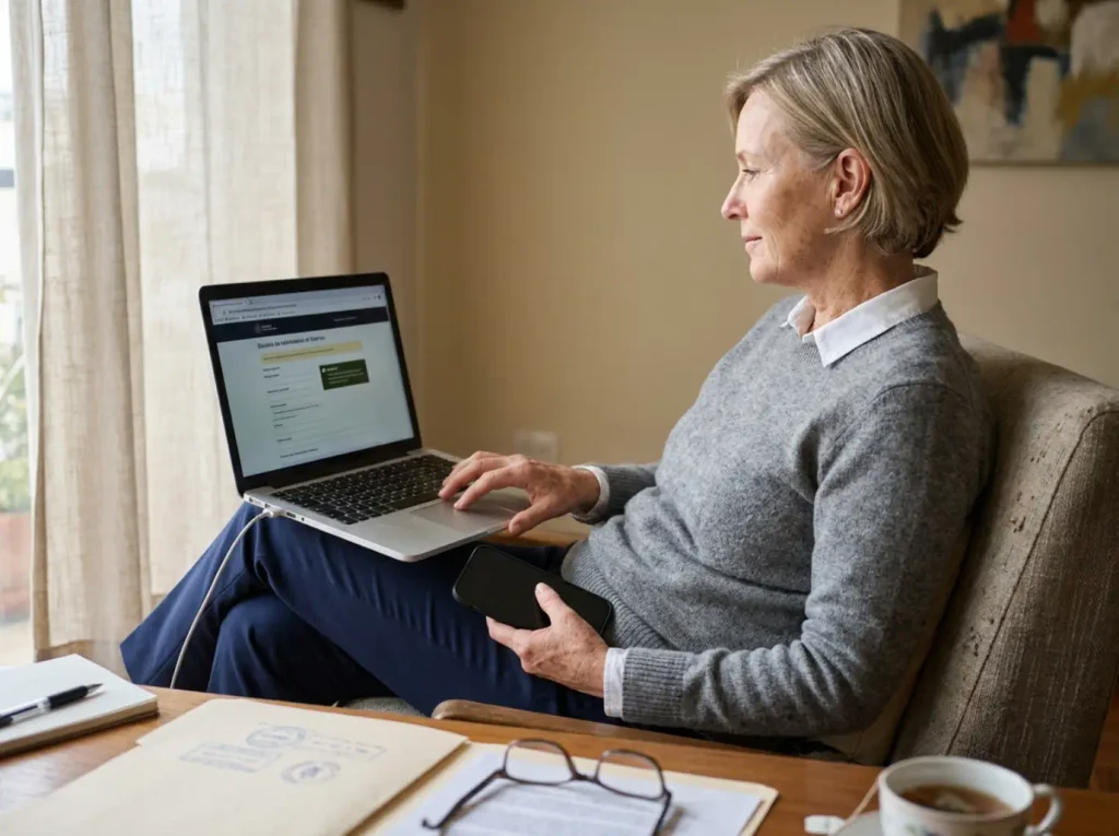 Mujer consultando el estatus de su trámite de naturalización en una laptop desde casa