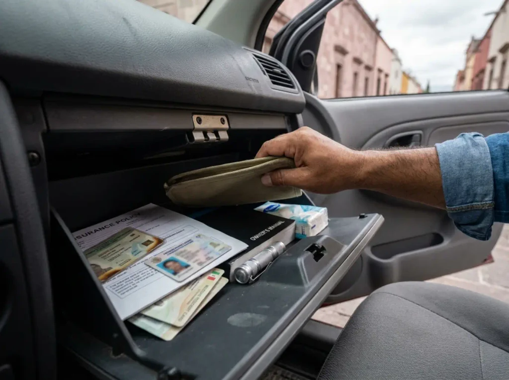 Documentos para manejar en México con licencia extranjera acomodados en la guantera del auto
