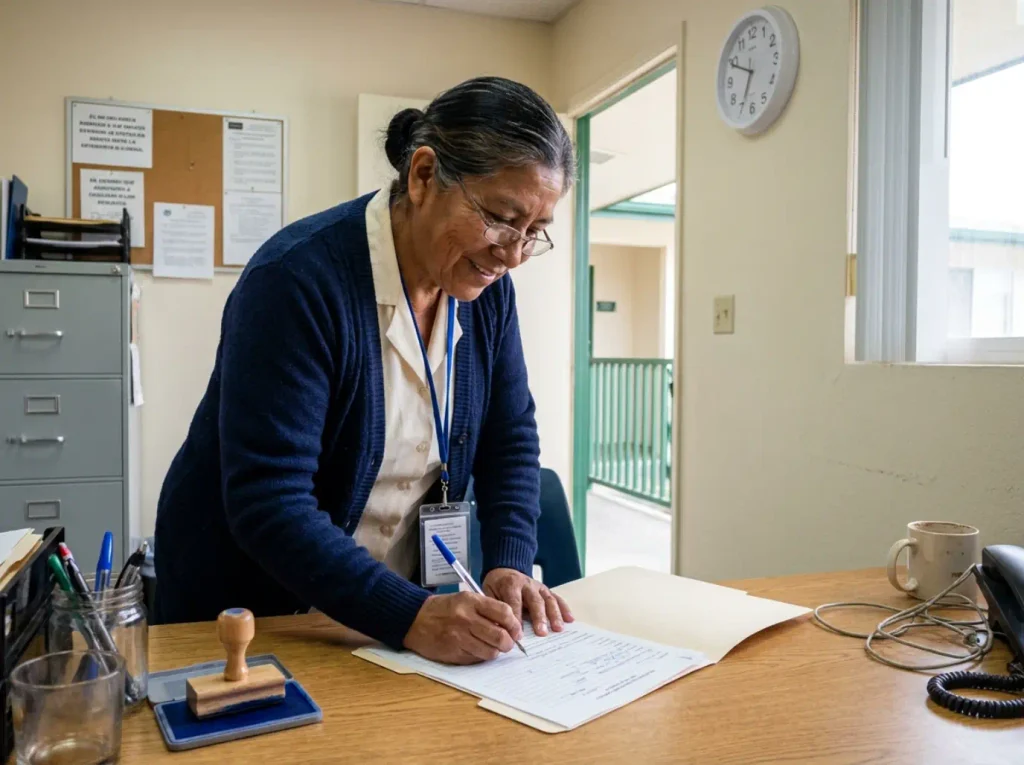 Directora de escuela pública firma el formato de inscripción de un menor extranjero