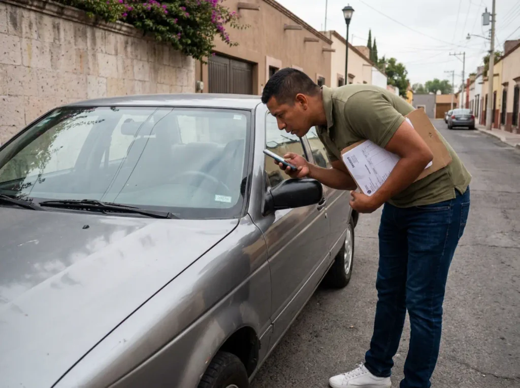Comprador revisa el VIN de un auto usado antes de comprar coche en México como residente