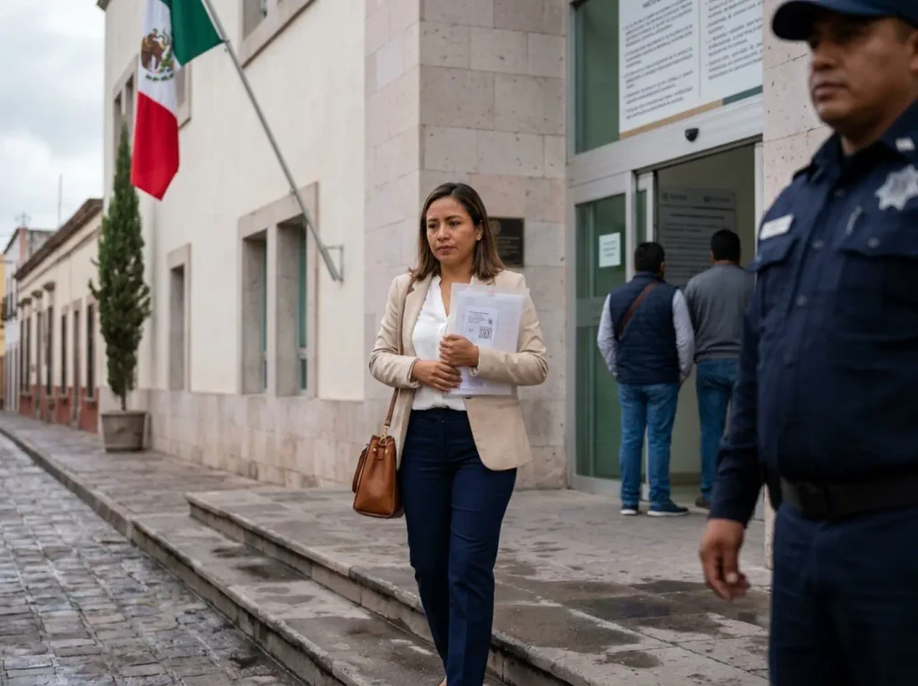 Mujer entregando un escrito en oficialía de partes por un trámite estancado en el INM