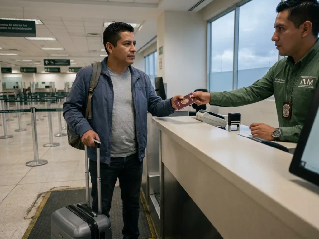 Naturalizarte Mexicano Sin Perder Tu Nacionalidad 6 Viajero presentando su pasaporte mexicano en el control migratorio al salir de México