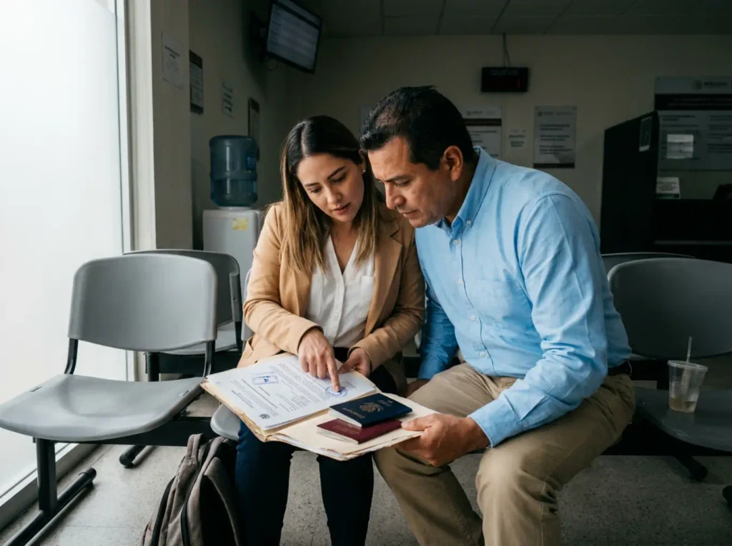 Pareja preparando documentos para tramitar pasaporte mexicano tras la carta de naturalización
