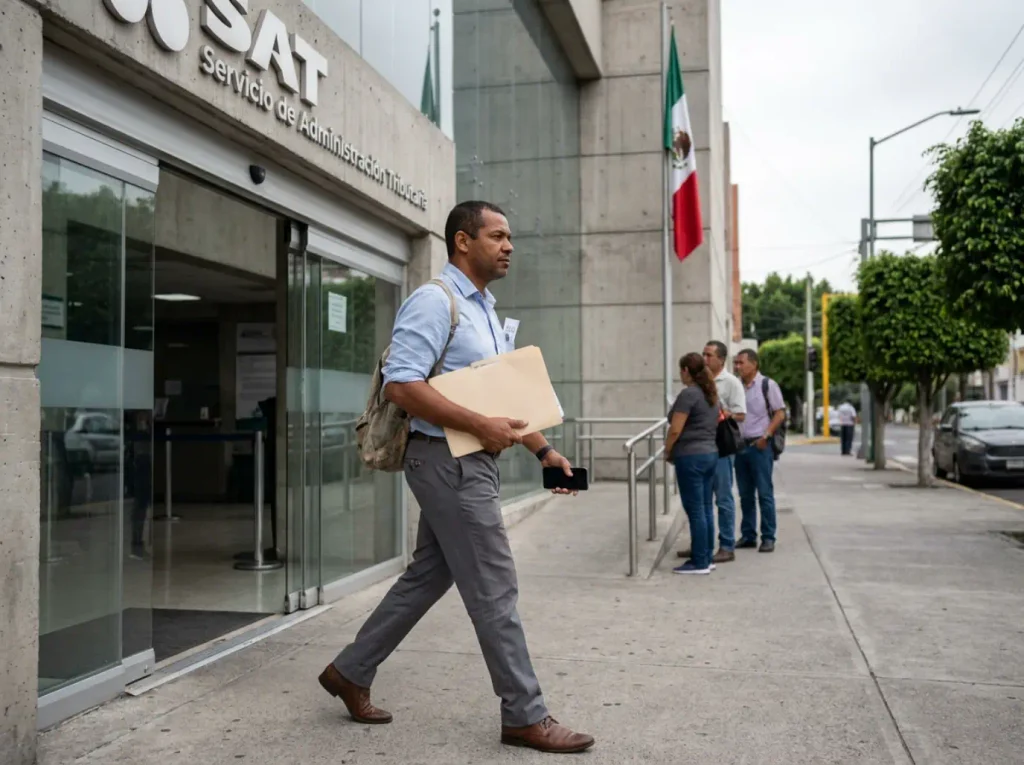 RFC Sin Actividades Lucrativas Que No Genera Impuestos 7 Residente temporal llegando a la oficina del SAT con su expediente para inscribirse en el RFC