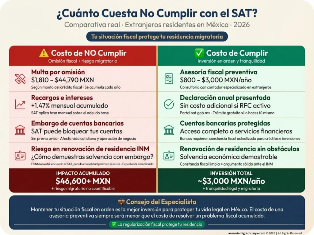 Tabla comparativa visual: costo de no cumplir con el SAT (multas $1,810–$44,790, recargos, embargo y riesgo de renovación INM) versus el costo de cumplir (asesoría, tranquilidad y residencia protegida).