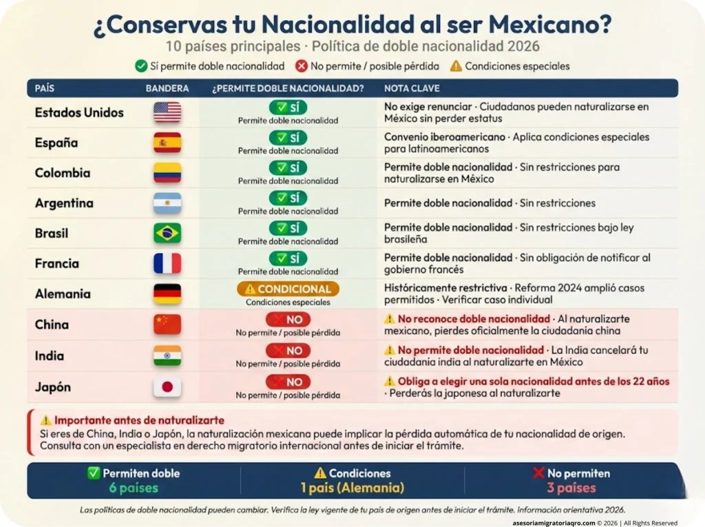 Tabla visual de doble nacionalidad 2026: 10 países con banderas muestran si permiten conservar su ciudadanía al naturalizarse mexicano, con indicadores verde y rojo y nota de advertencia para países con restricciones.