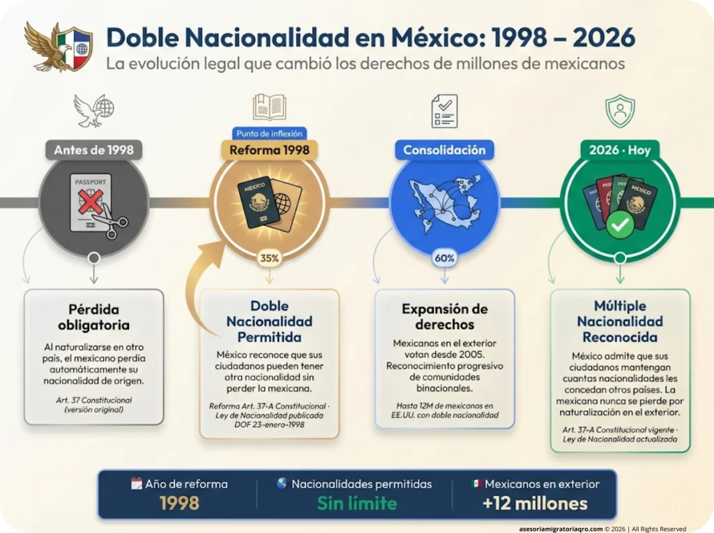 Línea de tiempo visual 1998-2026: evolución de la ley de nacionalidad mexicana — pérdida obligatoria antes de 1998, reforma de doble nacionalidad en 1998 y múltiple nacionalidad reconocida en 2026, con pasaportes e íconos legales.