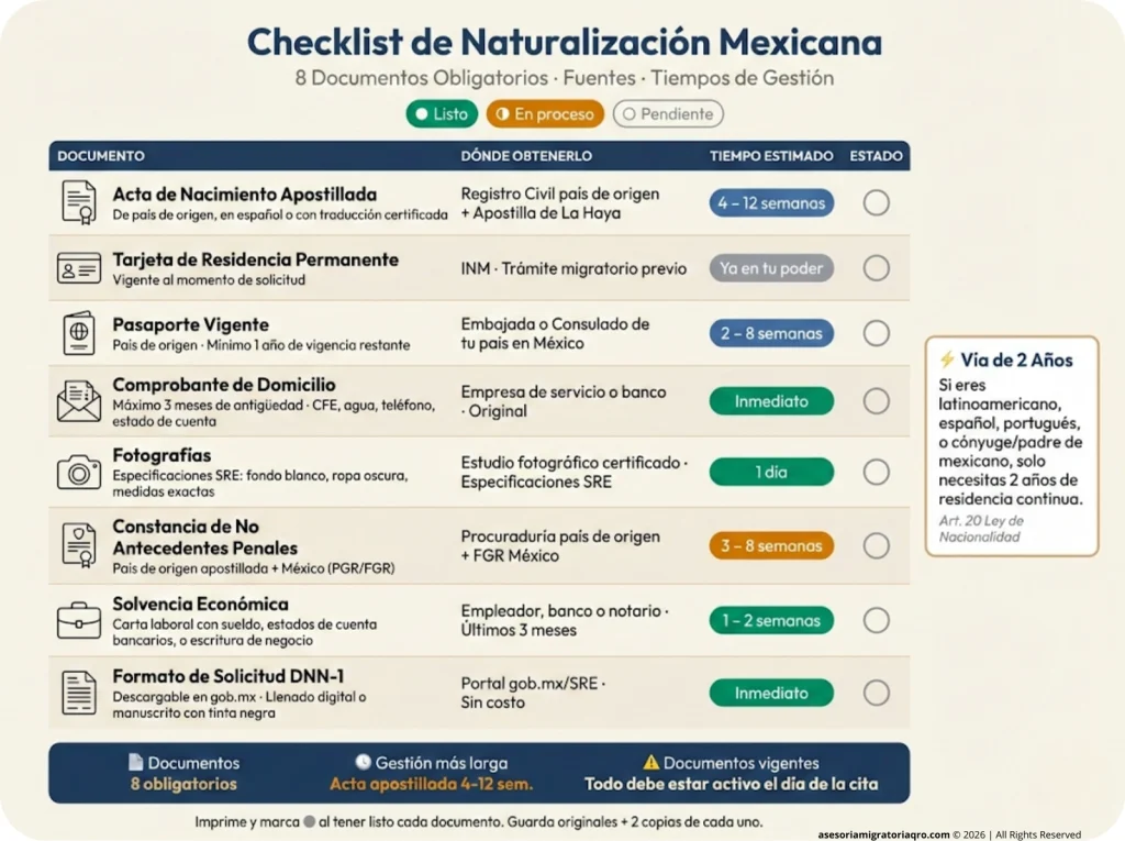 Checklist visual de los 8 documentos obligatorios para naturalización mexicana: estado listo, en proceso o pendiente, con fuente de obtención y tiempo estimado de gestión para cada documento.