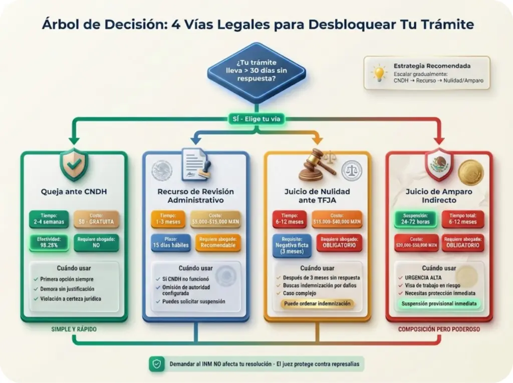 ¿Trámite Estancado en el INM? Esto Es Lo Que Debes Hacer 5 Árbol de decisión legal mostrando las 4 vías para desbloquear trámites migratorios estancados en el INM, con tiempos estimados, costos y criterios para elegir cada opción.