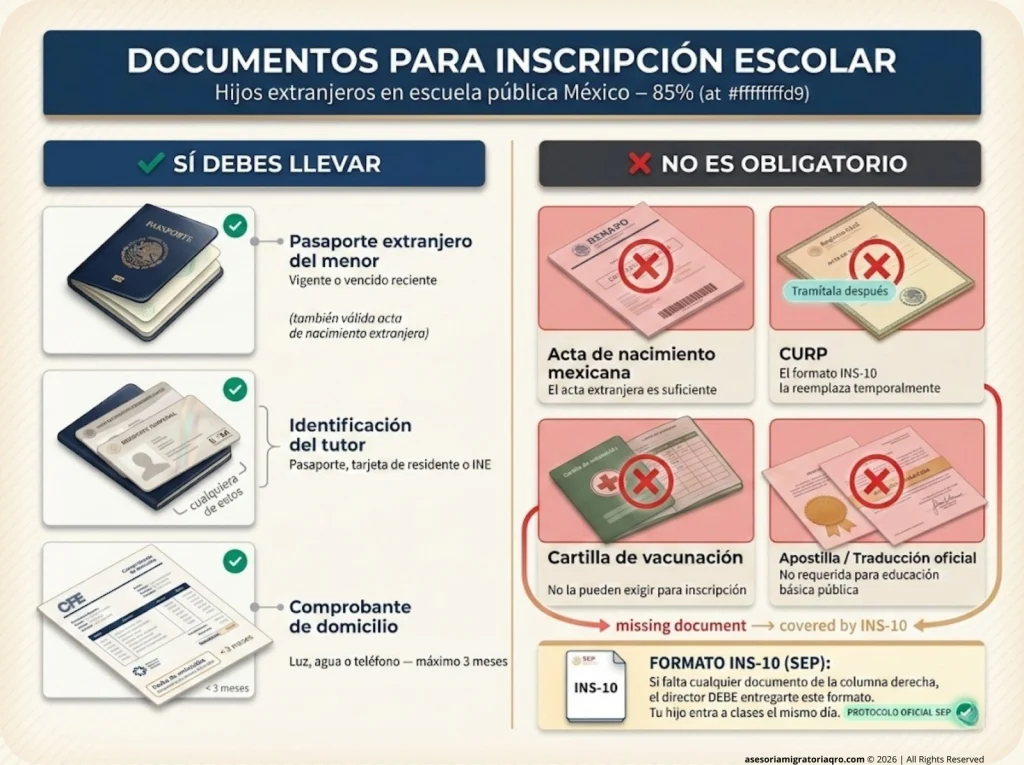 Infografía checklist comparando documentos obligatorios vs no obligatorios para inscripción escolar de hijos extranjeros en México con formato INS-10