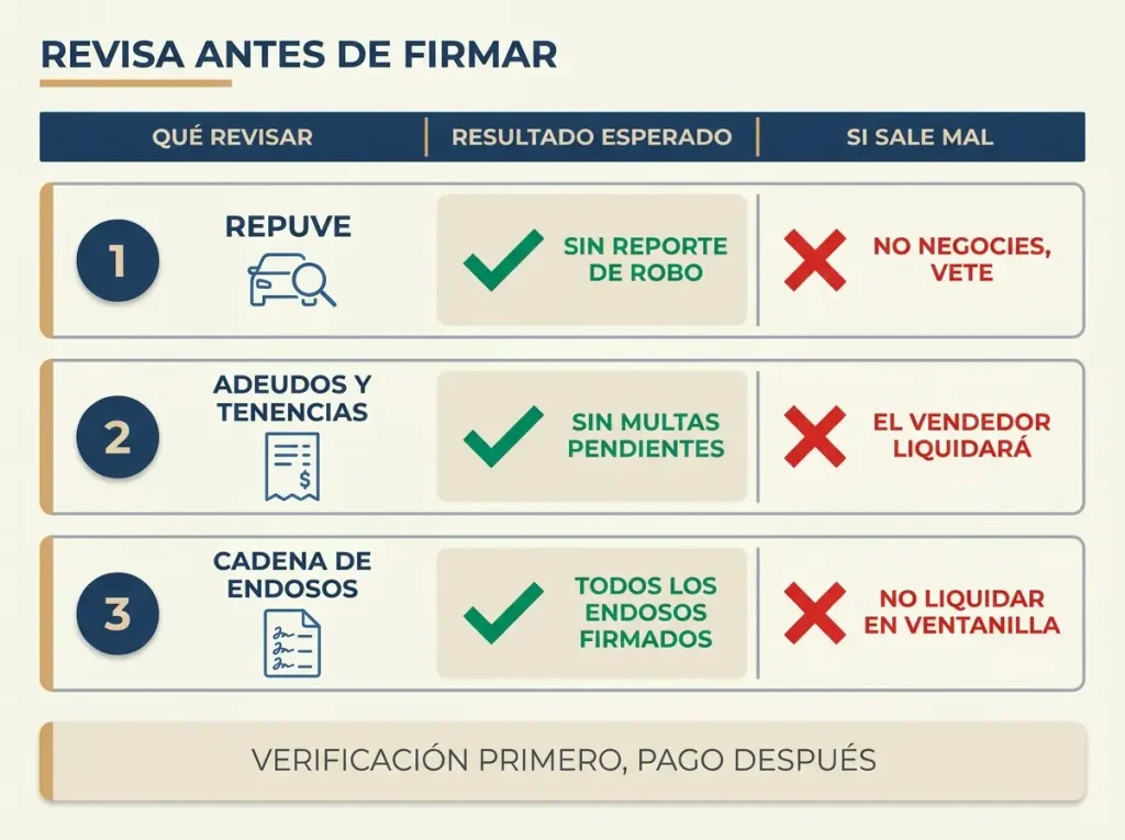 Checklist de tres bloques para verificar un auto usado antes de firmar: REPUVE, adeudos y tenencia, y cadena de endosos