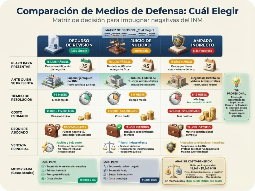 Tabla comparativa visual de los tres medios de defensa contra negativas del INM: Recurso de Revisión, Juicio de Nulidad y Amparo, mostrando plazos, autoridad, tiempos y casos ideales.