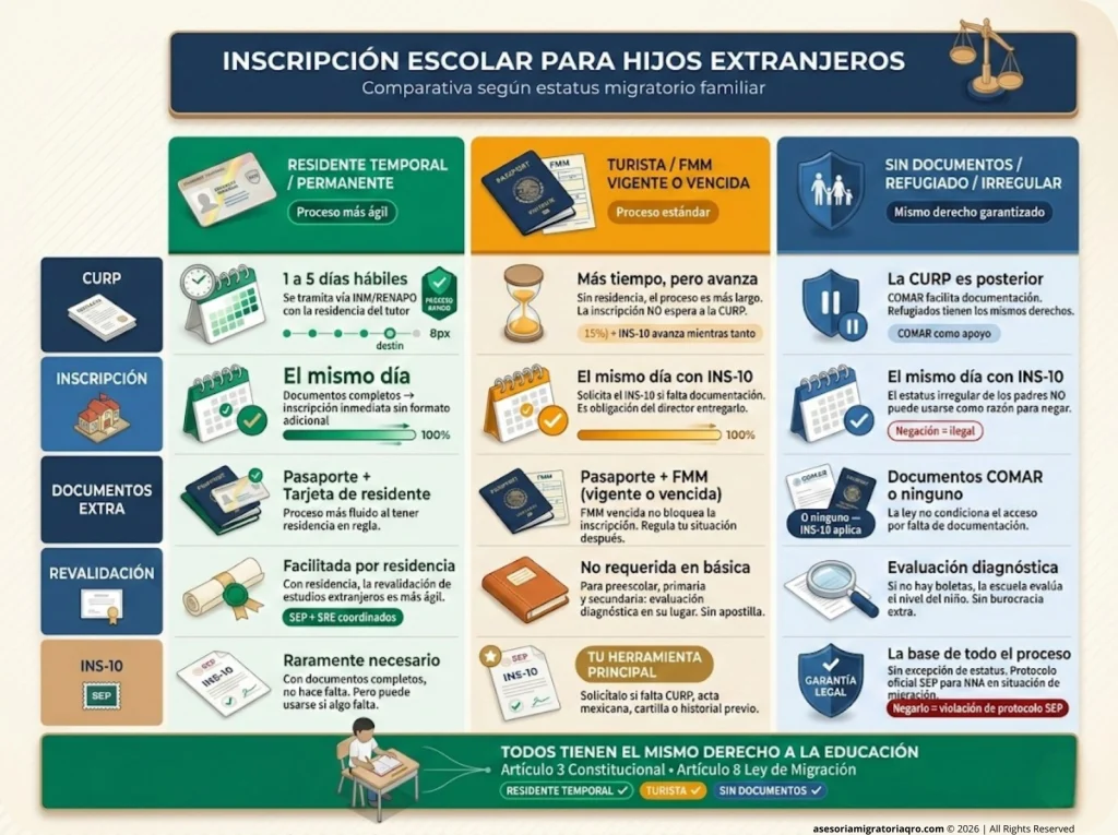 Infografía comparando inscripción escolar para hijos extranjeros según estatus migratorio: residente, turista y sin documentos