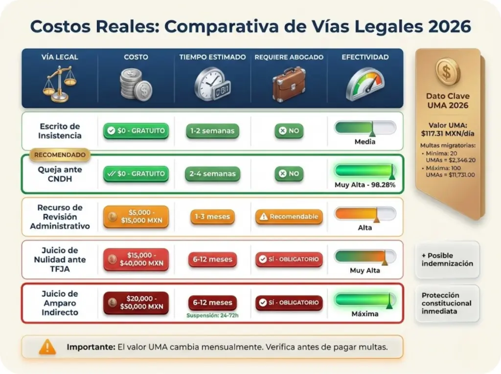 ¿Trámite Estancado en el INM? Esto Es Lo Que Debes Hacer 9 Tabla comparativa visual de costos, tiempos y efectividad de las vías legales para desbloquear trámites migratorios estancados en México en 2026.