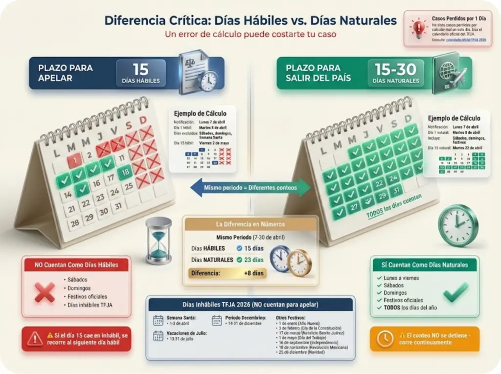 Infografía comparativa mostrando la diferencia crítica entre días hábiles para apelar y días naturales para salir del país, con calendarios visuales y festivos oficiales 2026.